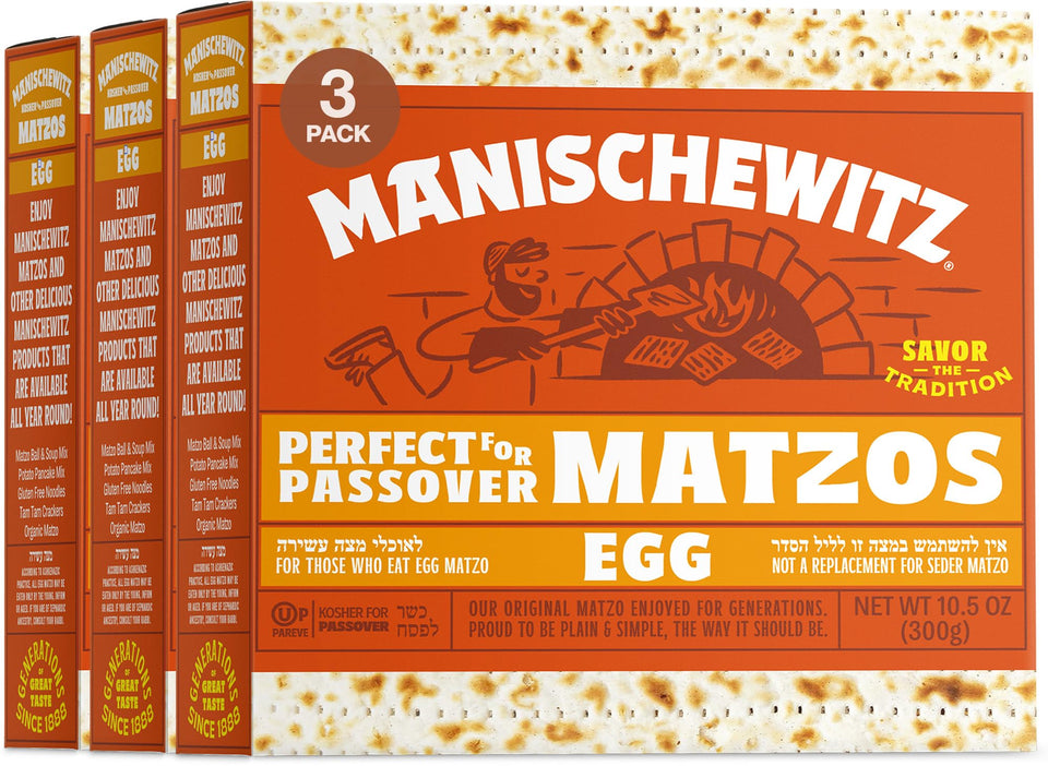 Manischewitz Passover Egg Matzo 3 Pack packaging shows three boxes for Passover prep.