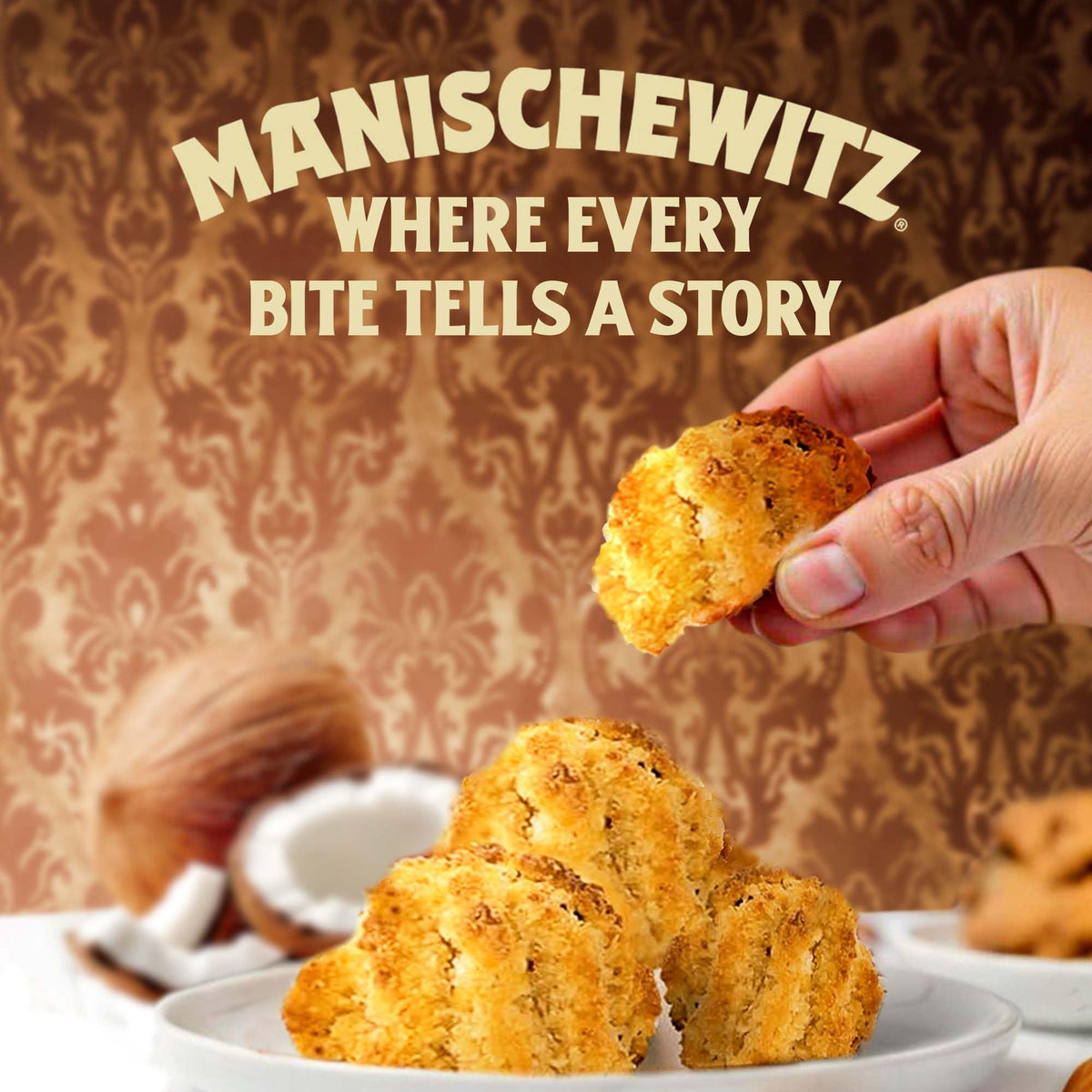 Manischewitz Pistachio Orange Macaroons closeup texture highlights chewy coconut crumb