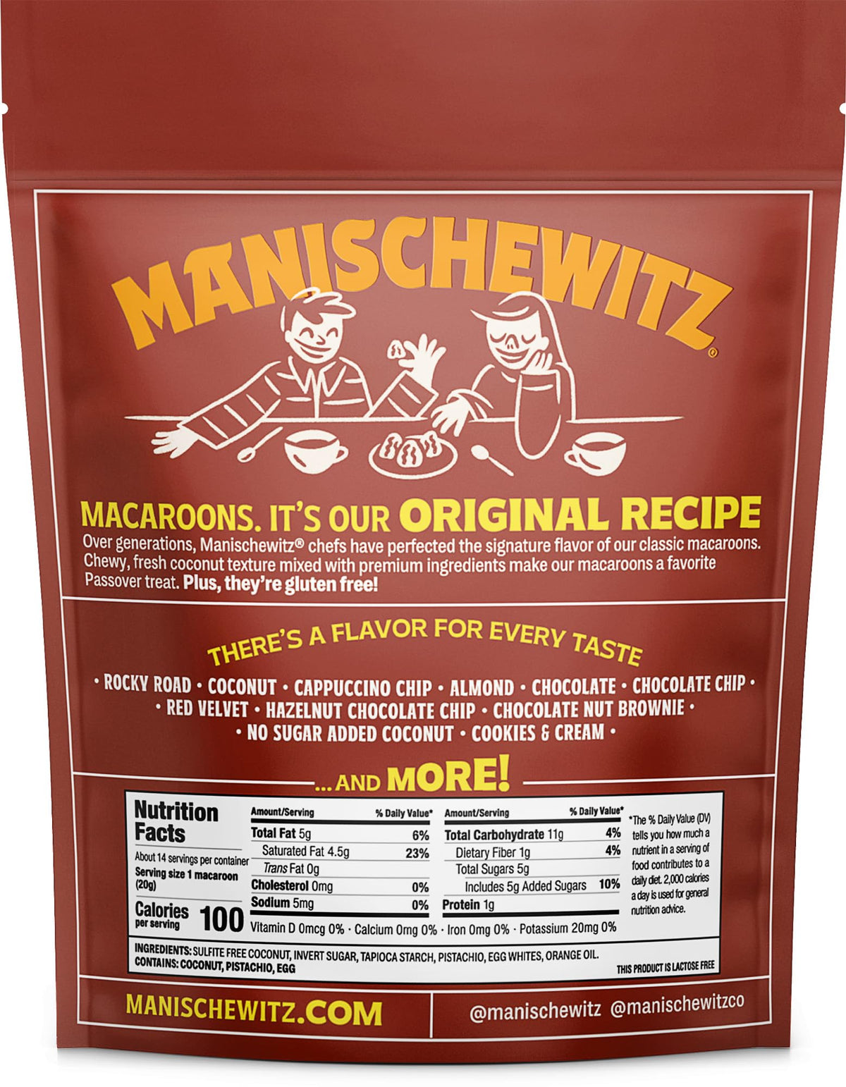 Manischewitz pistachio orange macaroons ingredients list—clear, simple mix for dietary preferences.