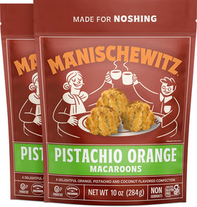 Manischewitz Pistachio Orange Macaroons pack shot showing resealable bag for freshness