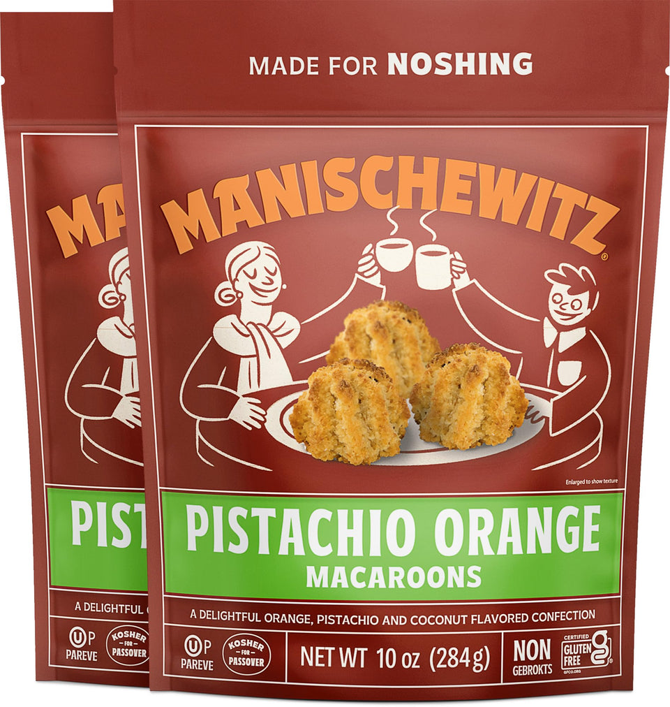 Manischewitz Pistachio Orange Macaroons pack shot showing resealable bag for freshness
