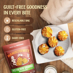 Manischewitz pistachio orange macaroons beside a resealable bag—freshness preserved for Passover.