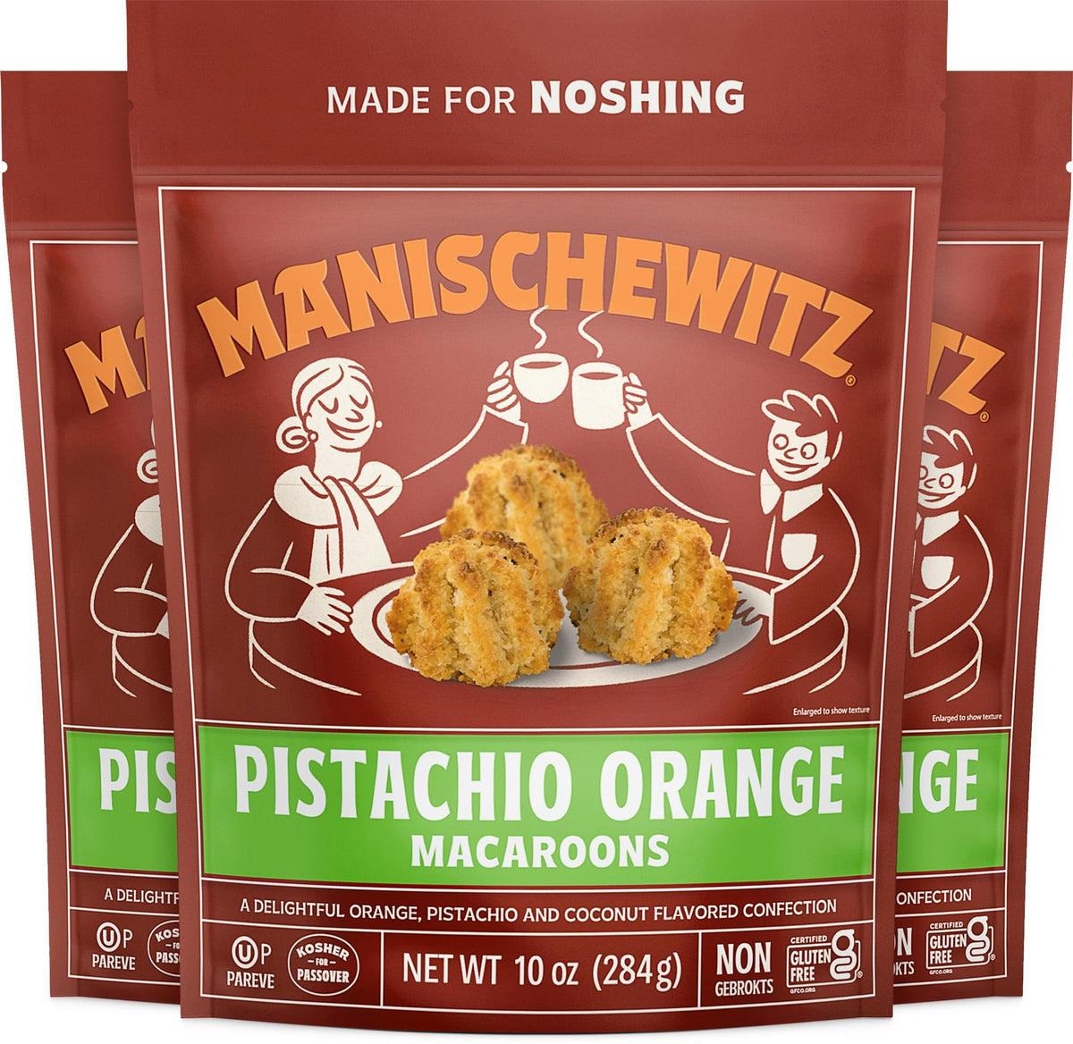 Manischewitz pistachio orange macaroons on a tray with pistachio pieces—gluten-free dairy-free snack.