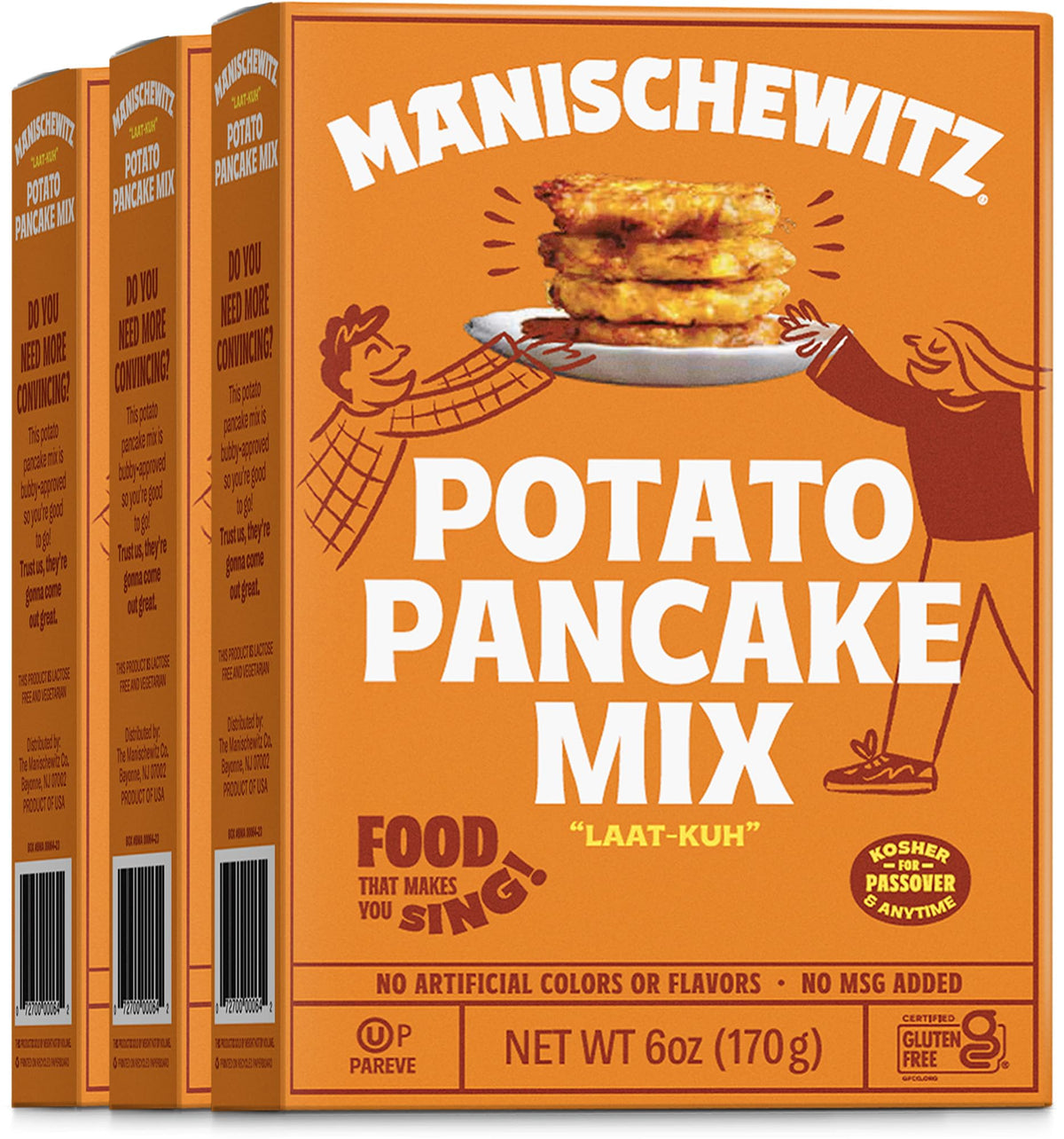 Manischewitz potato pancake mix 3-pack front label, showing kosher certification