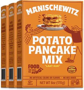 Manischewitz potato pancake mix 3-pack front label, showing kosher certification