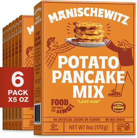 Manischewitz potato pancake mix box front, gluten-free and kosher certified for year-round use.