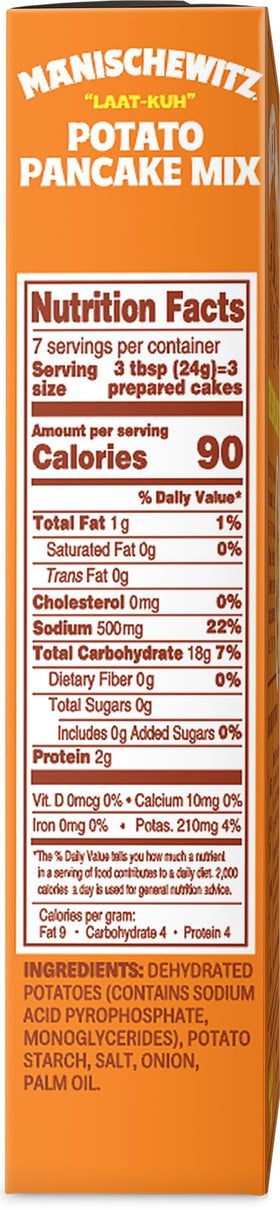 Manischewitz potato pancake mix kosher label, gluten-free and MSG-free, ideal for holiday gatherings.