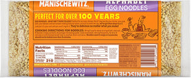 Manischewitz enriched egg noodles, barley shape, low-sodium option for weeknight meals.