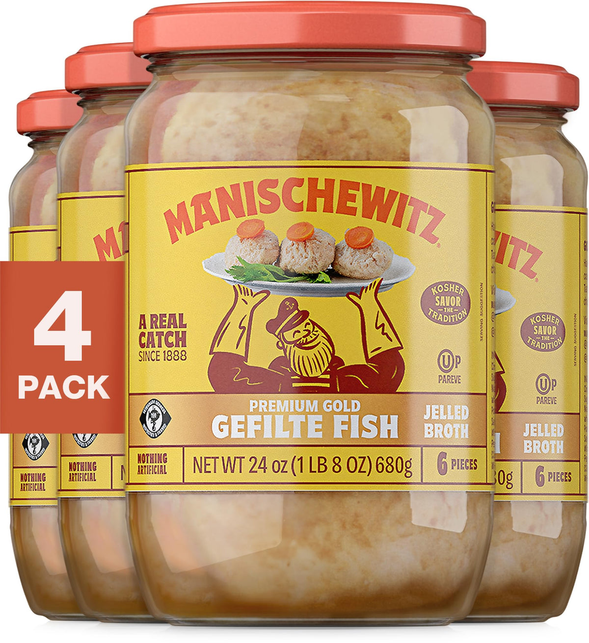 Manischewitz Premium Gold gefilte fish with carrots 4-pack ready to serve family meals.