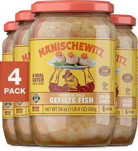 Manischewitz Premium Gold gefilte fish with carrots 4-pack ready to serve family meals.