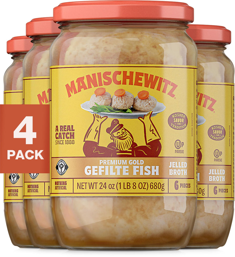 Manischewitz Premium Gold gefilte fish with carrots 4-pack ready to serve family meals.