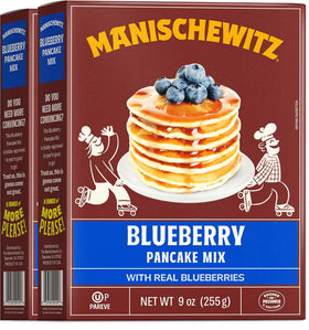 Manischewitz Real Blueberry Pancake Mix box shows real blueberries for fluffy, dairy-free pancakes