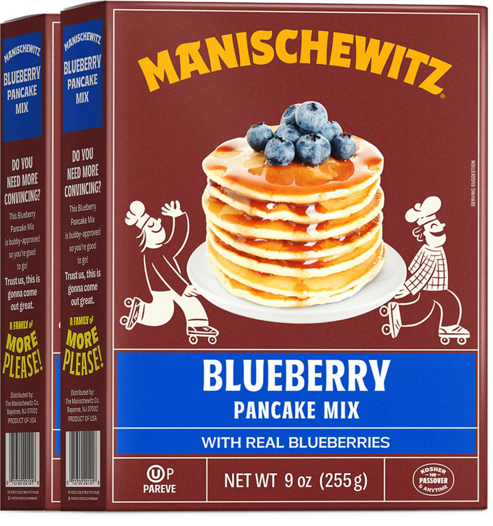 Manischewitz Real Blueberry Pancake Mix box shows real blueberries for fluffy, dairy-free pancakes