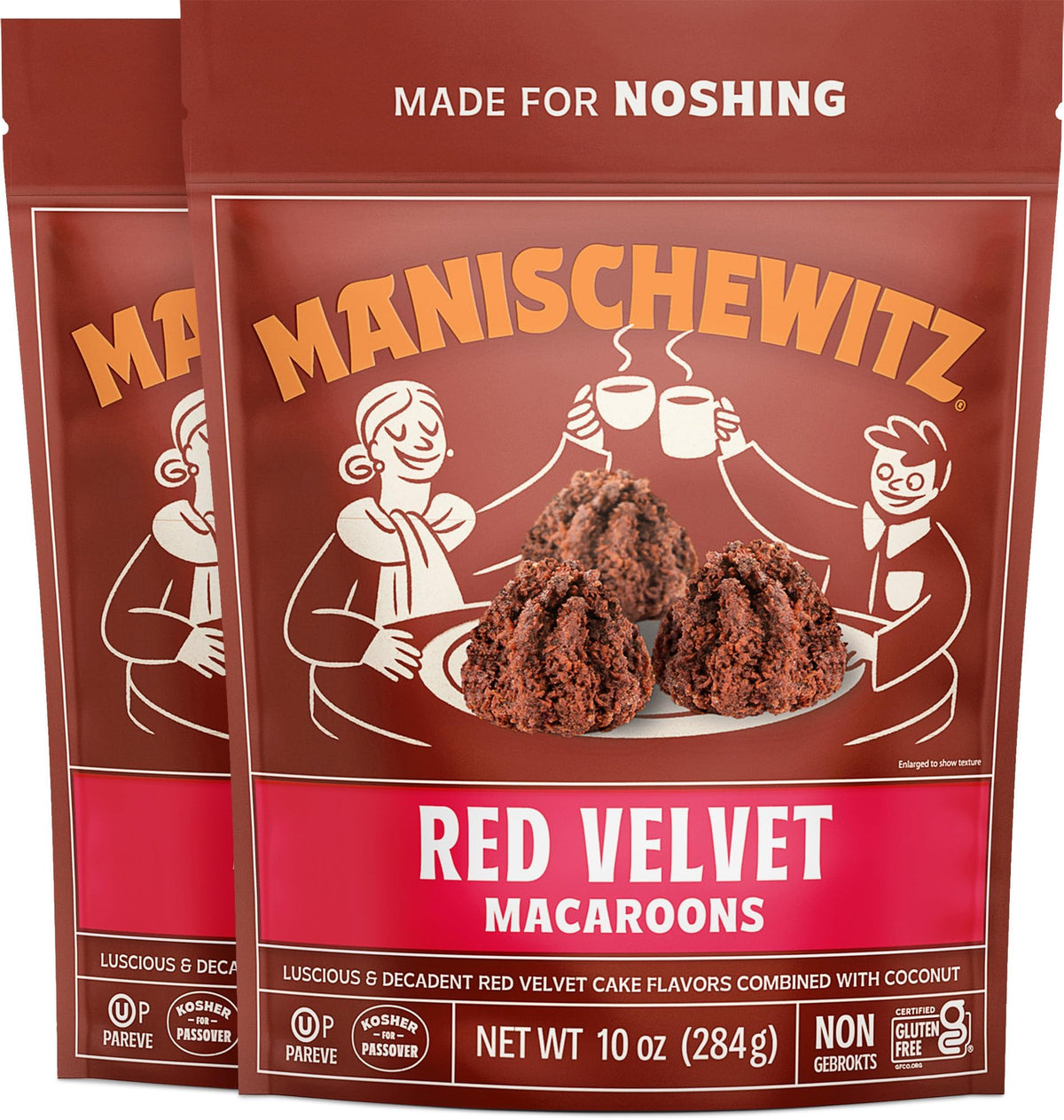 Manischewitz Red Velvet Macaroons in resealable bag for gluten-free, kosher snacking.