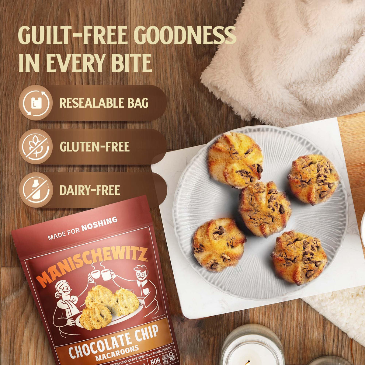 Resealable packaging feature displaying two cookies for easy portion control by Manischewitz.