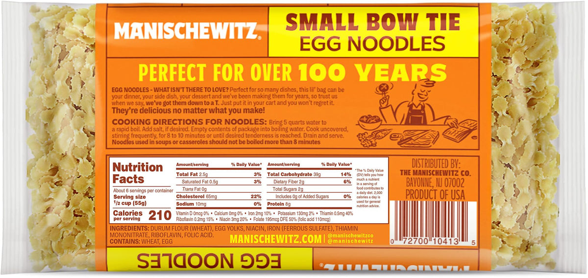 Manischewitz small bow tie egg noodles stirred in a pan for quick weeknight dinners.