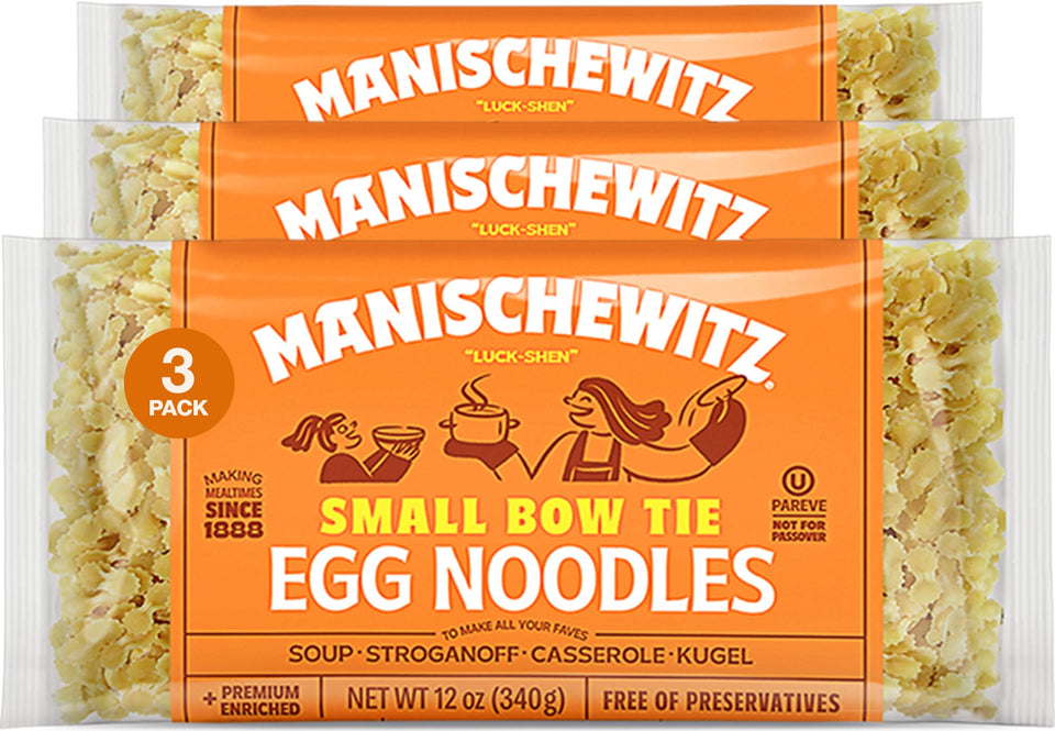 Manischewitz small farfalle pasta in a warm bowl, ideal for cozy homestyle meals.