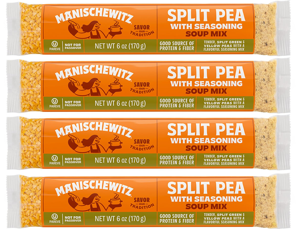 Manischewitz Split Pea Soup 4-pack packaging provides a convenient pantry staple.