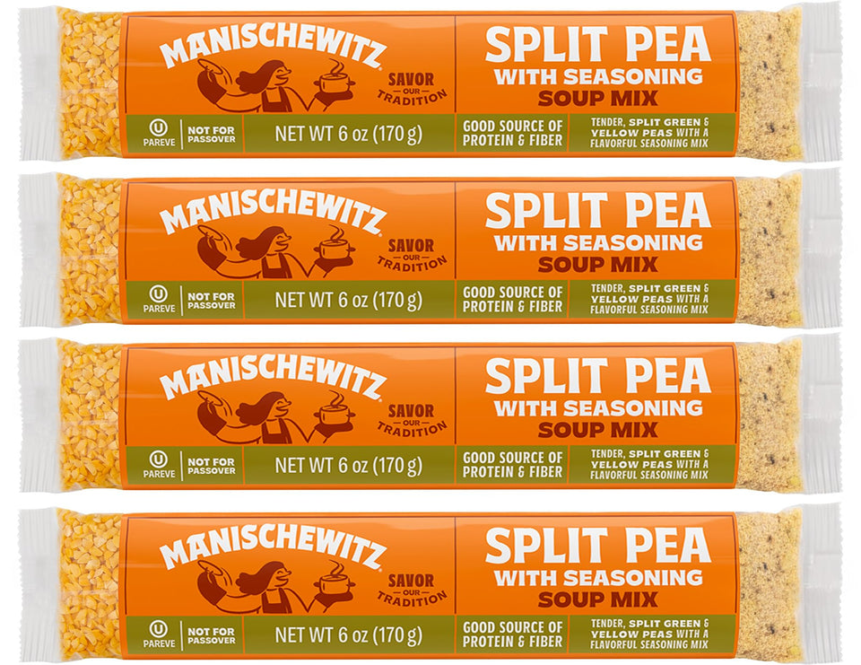 Manischewitz Split Pea Soup 4-pack packaging provides a convenient pantry staple.