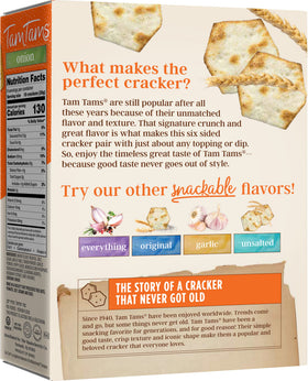 Close-up of Tam Tam crackers highlights onion seasoning and crisp texture.