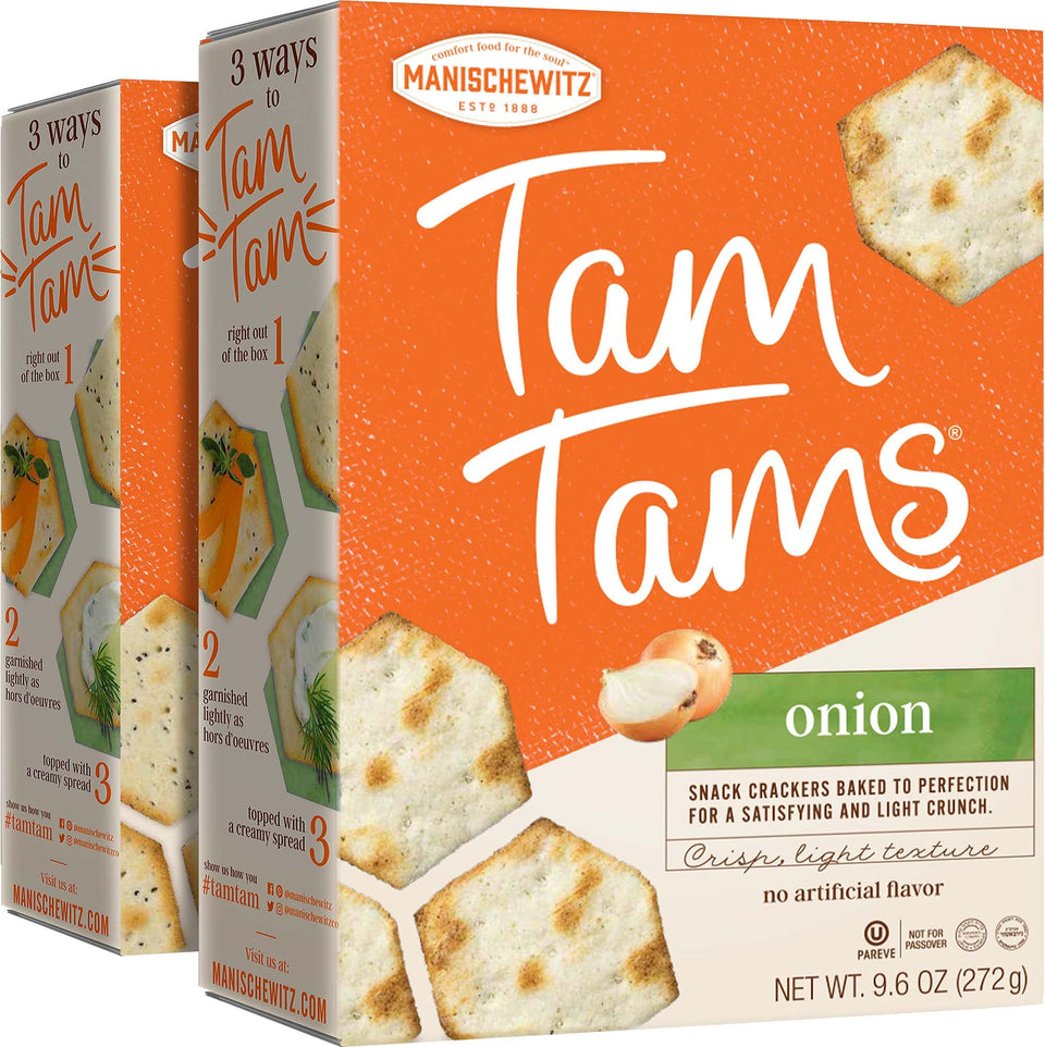 Manischewitz Tam Tam Onion Crackers packaging signals premium baked snack.