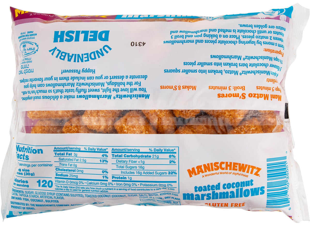 Manischewitz toasted coconut marshmallows closeup — coconut aroma and light crunch ideal for s'mores