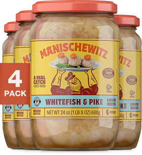 Manischewitz whitefish-pike gefilte fish in broth jar, ready for quick kosher meals.