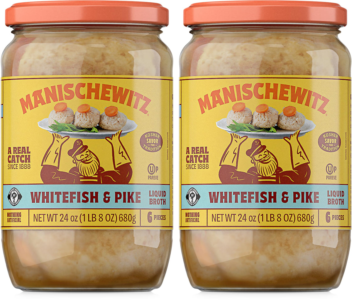 Manischewitz gefilte fish in broth jar ready to serve as a savory starter