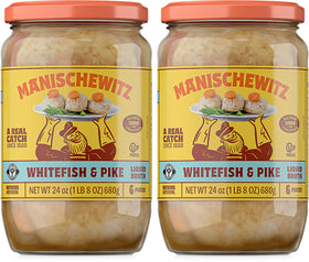 Manischewitz gefilte fish in broth jar ready to serve as a savory starter