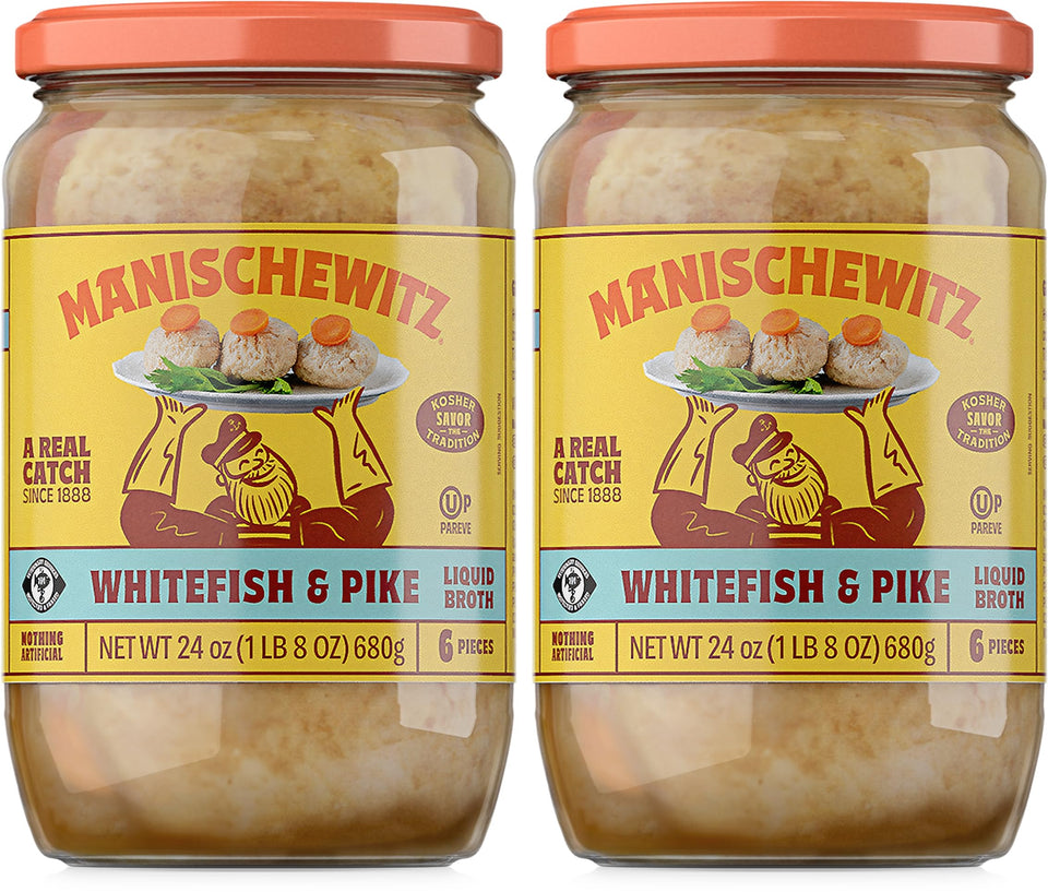 Manischewitz gefilte fish in broth jar ready to serve as a savory starter