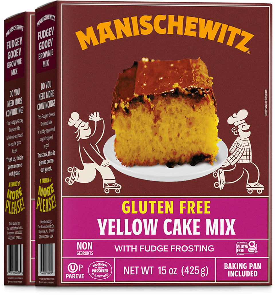 Manischewitz yellow cake mix with baking pan included for quick, convenient dessert prep.