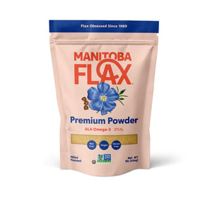 Manitoba Flax Premium Powder packaging close-up, vegan and gluten-free, ideal for smoothies.
