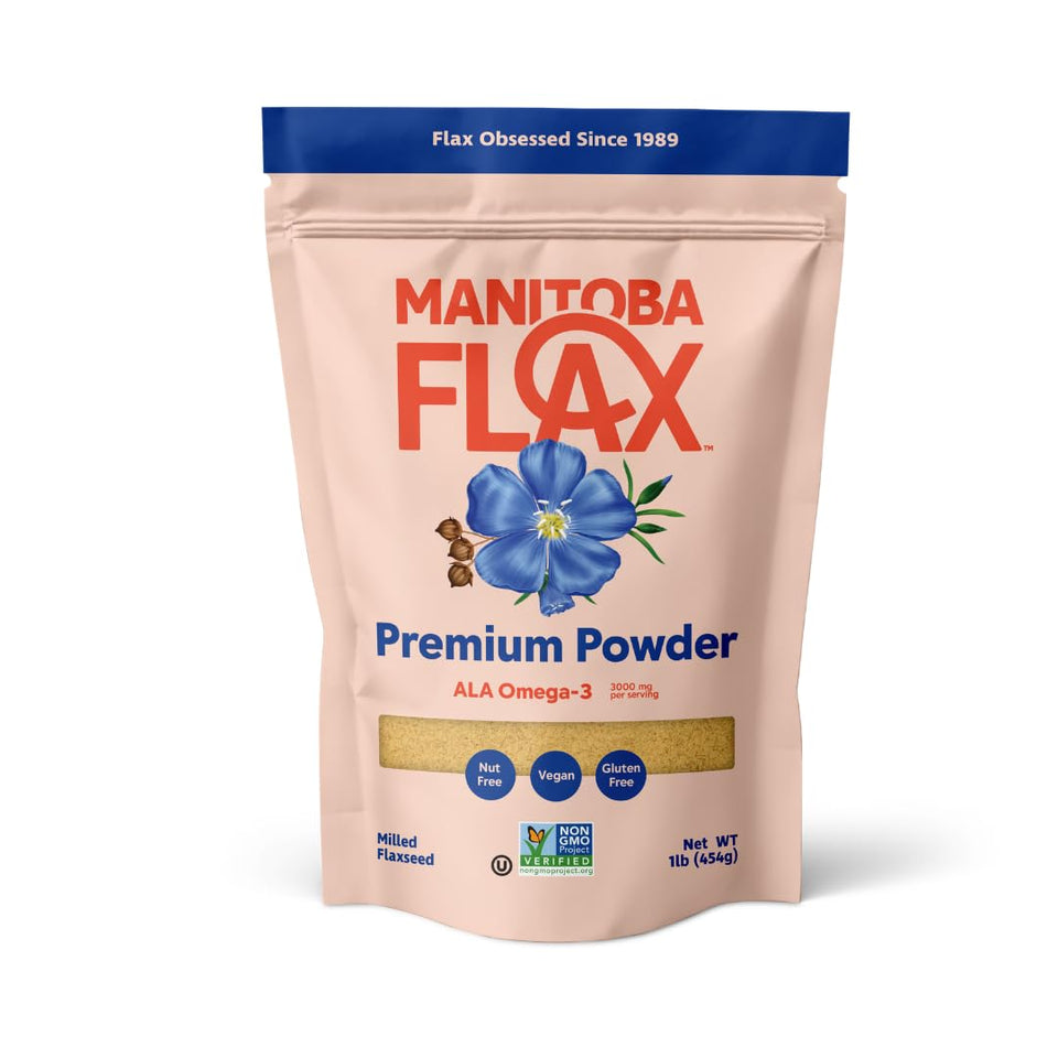 Manitoba Flax Premium Powder packaging close-up, vegan and gluten-free, ideal for smoothies.