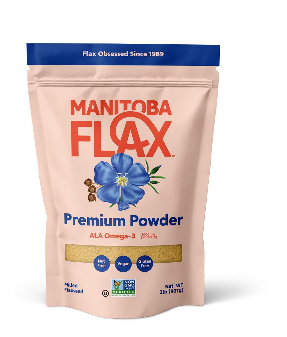 Manitoba Flaxseed Powder in new look packaging for convenient daily use.