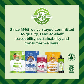 Manitoba Harvest regenerative organic hemp hearts packaging highlights certifications and ethics.