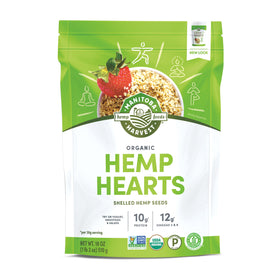 Manitoba Harvest hemp hearts in bag highlight organic, non-GMO quality for protein.