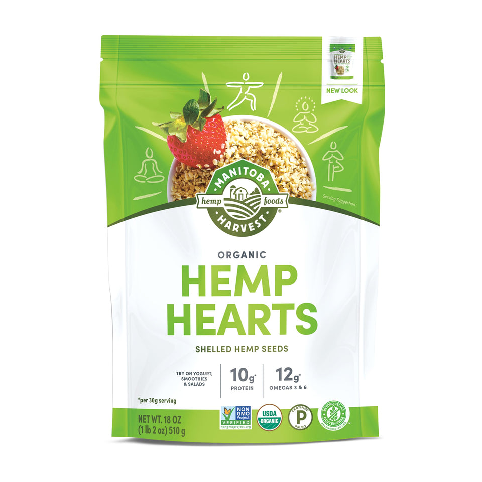 Manitoba Harvest hemp hearts in bag highlight organic, non-GMO quality for protein.