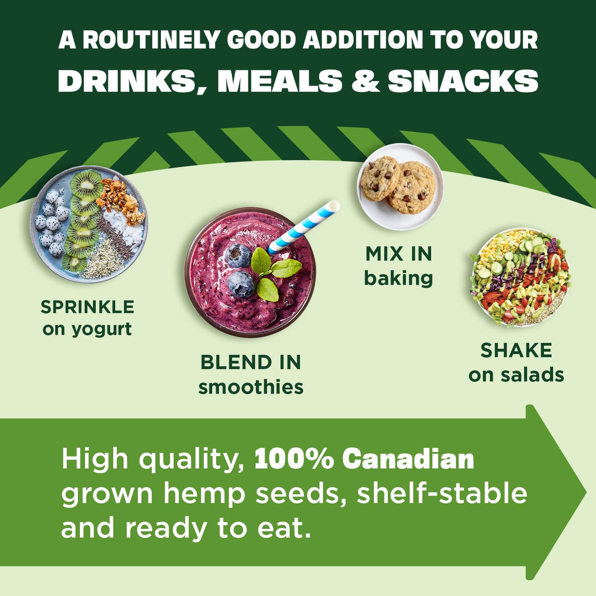 Manitoba Harvest hemp hearts in smoothie image demonstrates easy blendable protein boost.