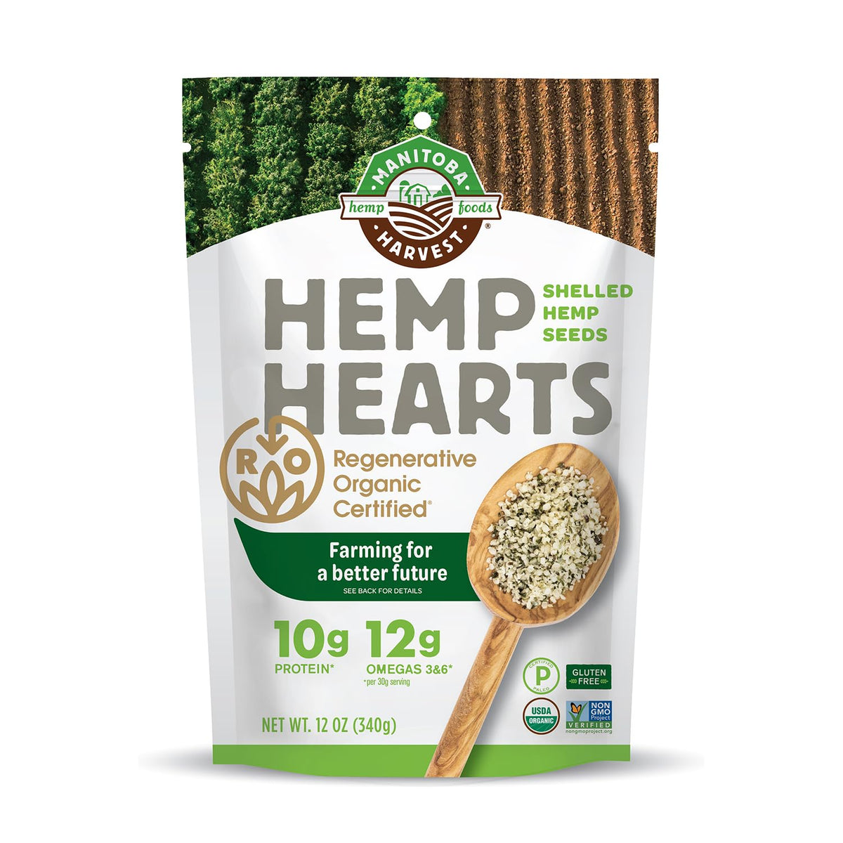 Manitoba Harvest regenerative hemp hearts bag closeup shows protein and omega content for daily meals.