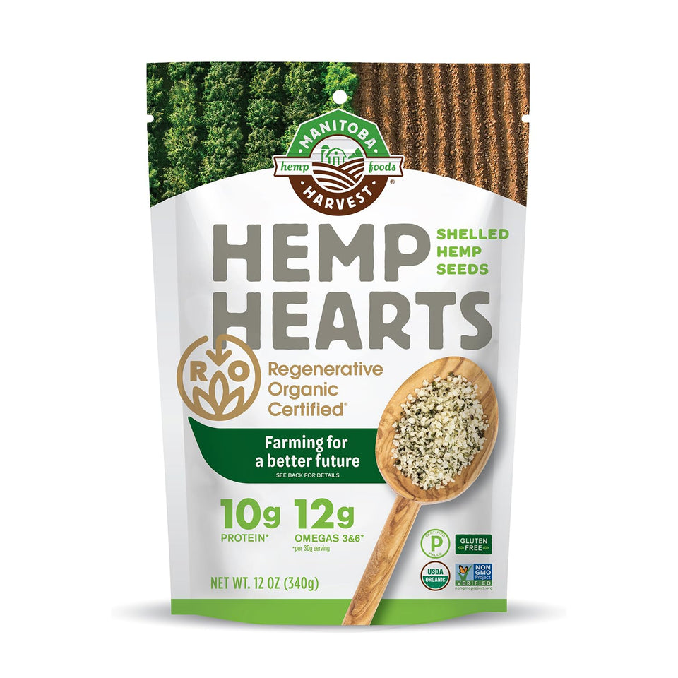Manitoba Harvest regenerative hemp hearts bag closeup shows protein and omega content for daily meals.
