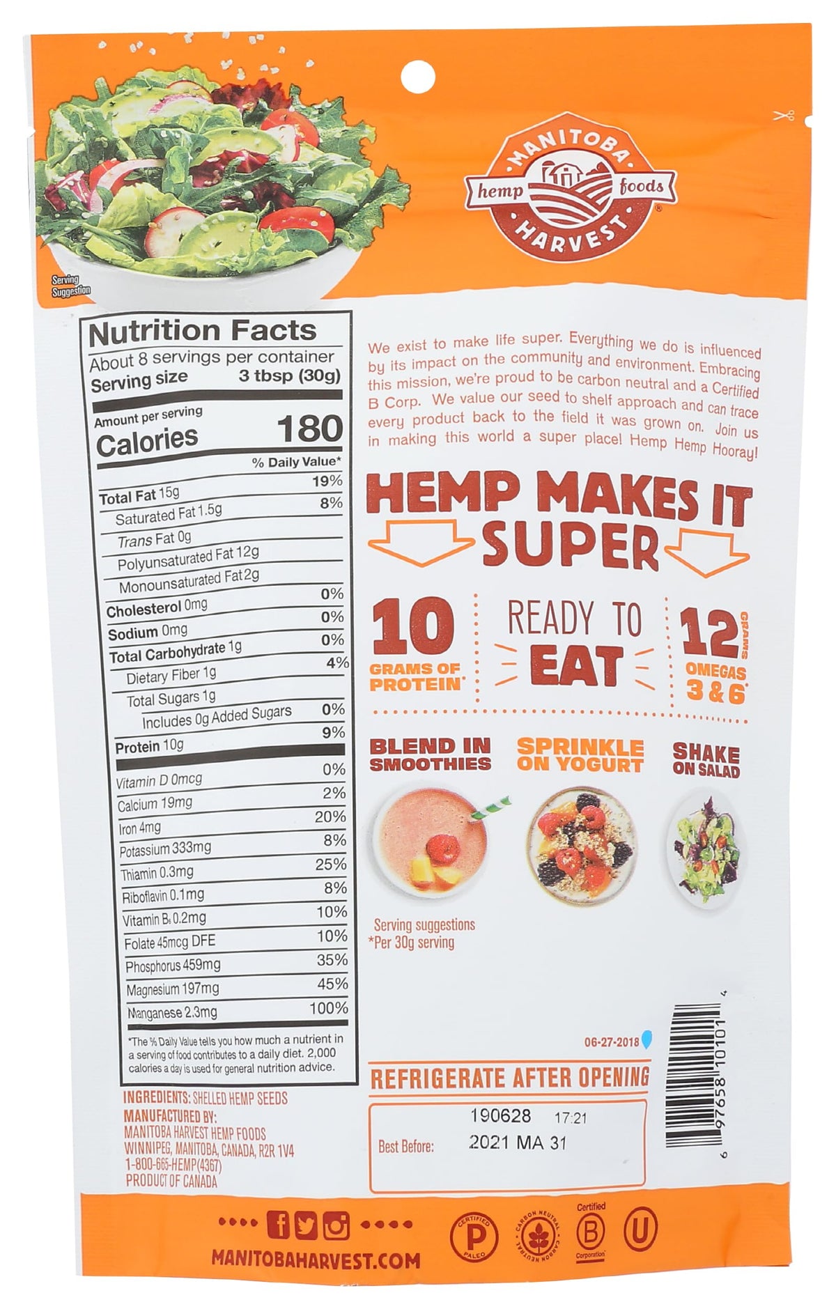 Manitoba Harvest shelled hemp seeds as yogurt topping for extra texture