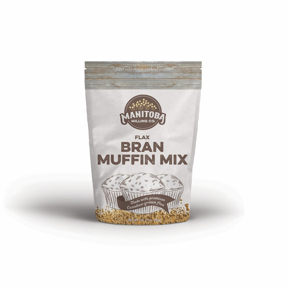 Manitoba Milling Flax Bran Muffin Mix box packaging ready for baking
