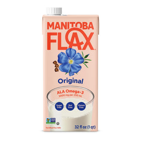 Manitoba Milling flax milk beside smoothie bowl adds protein