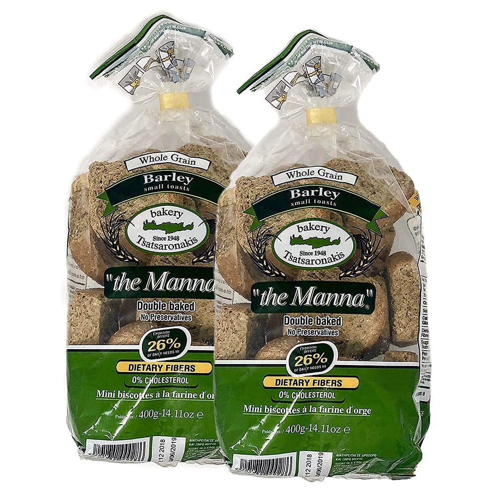Manna Greek whole grain barley rusks, two-pack, perfect for quick breakfasts and dunking.