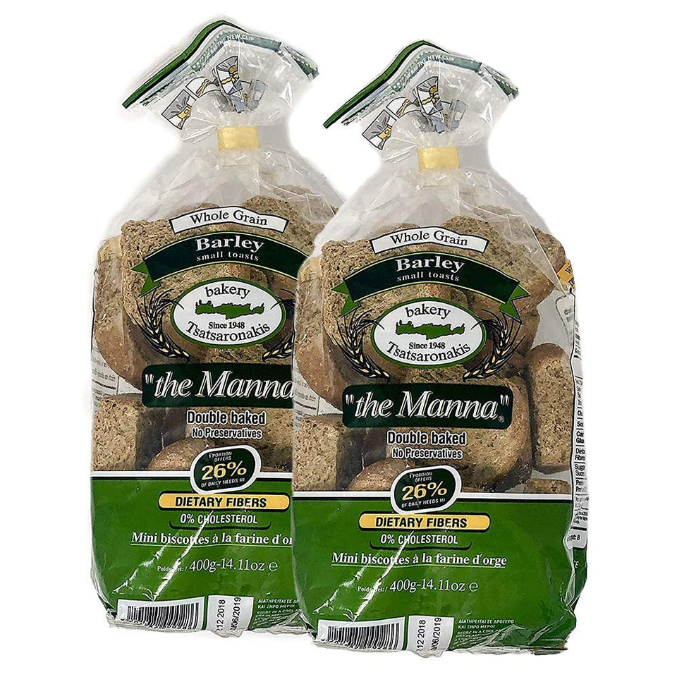 Manna Greek whole grain barley rusks, two-pack, perfect for quick breakfasts and dunking.