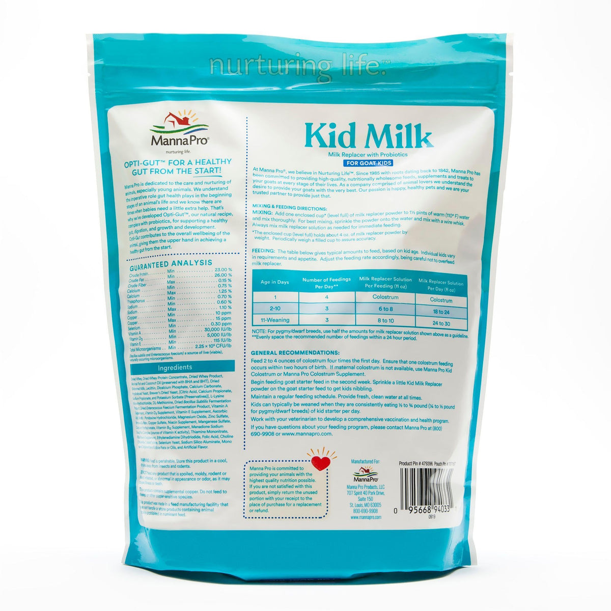 Manna Pro Goat Kid Milk Replacer probiotics bottle highlights Opti-Gut support