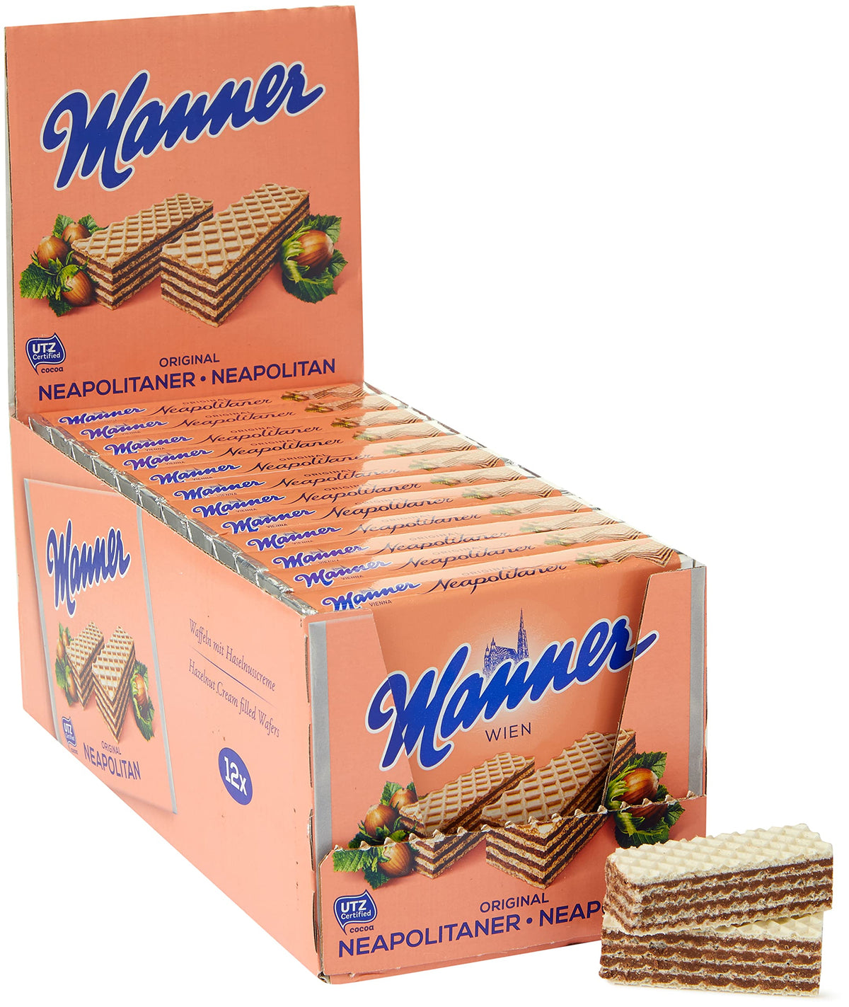 Manner Original Neapolitaner wafers hero shot showing crisp layers and hazelnut cream.