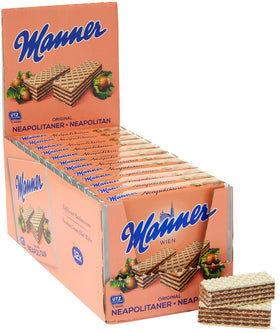 Manner Original Neapolitaner wafers hero shot showing crisp layers and hazelnut cream.