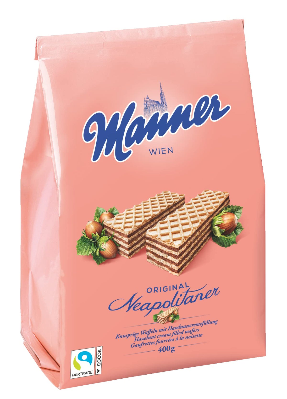 Manner Original Neopolitaner Hazelnut Wafers stack with hazelnut cream, ideal for coffee.