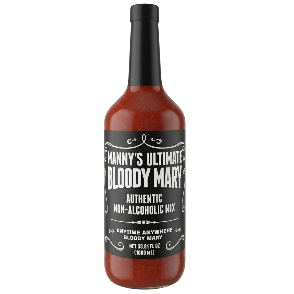 Manny's Ultimate Bloody Mary bottle label close-up highlights natural ingredients and craft quality.